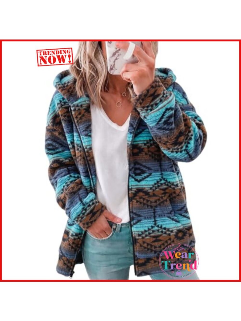 Western Aztec Print Zip Up Sherpa Fleece Hoodie Sweatshirt